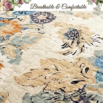 Cozy Line Home Fashions Luxury Classic Bedding Quilt Set, 100% Cotton Beige Blue Floral Pink Flower Bohemian Style Reversible Bedspread Coverlet (Art Painting, Queen - 3 Piece)