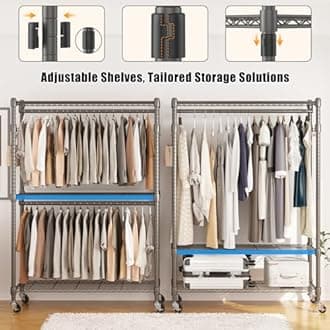 BATHWA Heavy Duty Garment Rack on Wheels, Rolling Clothes Racks for hanging clothes, Simple Sturdy Wardrobe Rack with Double Hanging Rods, 8 Side Hangers, Gray