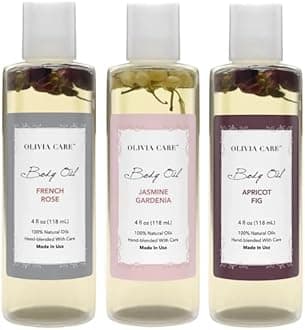 Olivia Care 3 Pack Body Oils: Apricot Fig, French Rose, Jasmine Gardenia - Natural Perfume Oils For Women & After Bath Oils Body Moisturizers, Rich in Vitamin E, K, & Omega (3 Scents)