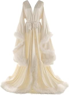 Women's Feather Bridal Robes Old Hollywood Maternity Photoshoot Nightgown Silk Bathrobe Long Lingerie