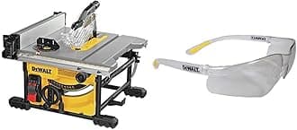 DEWALT Table Saw for Jobsite, Compact, 8-1/4-Inch with Lightweight Protective Safety Glasses (DWE7485 & DPG52-1C)