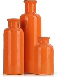 Ceramic Vase Set - 3 Orange Small Vases, Farmhouse Country Flower Vase Home Decor, Living Room Decoration, Table Decoration, Fireplace Decor, and Entrance Decorations Centerpieces