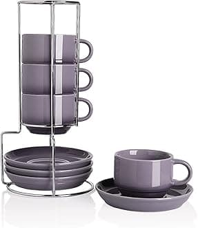 SweejarPorcelain Espresso Cups with Saucers, 4 Ounce Stackable Cappuccino Cups with Metal Stand for Coffee Drinks, Latte, Tea - Set of 4 (Gradient Purple)