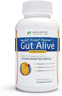 Holistic Health Labs Gut Alive - All Natural Support to Fight IBS, Heartburn, Acid Indigestion, Acid Reflux, Bloating & Gas. Unique Formulation (60 Count (Pack of 1))