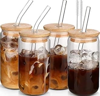 DWTS DANWEITESI Glass Cups with Lids and Straws 4pcs Set 16oz Iced Coffee Cups,Glass Coffee Cups with Lids and Straw,Beer Can Glass with Lids and Straw