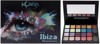 Klara Cosmetics 24 Shade Eyeshadow Palette Ibiza glamorous shimmers bold mattes strong pastel tones long lasting full pigment