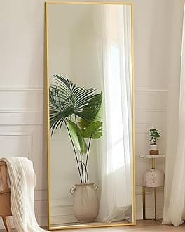 Antok Full Length Mirror, 58"x18" Floor Mirror with Stand, Hanging Mounted Mirrors for Bedroom, Living Room, Cloakroom, Dining Room, Gold, Rect