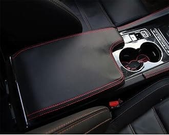Custom Interior Accessories for F-PACE FPACE/XF 2017 2018 2019 2020 PU Leather Center Console Armrest Box Cover Armrest Cushion Central Armrest Protector Pad(Black with red Stitching)