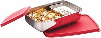 SIGNORA WARE Stainless Steel Compact Small Lunch Box | Airtight Lid Tiffin Box | Leakproof & Durable Tiffin Carrier | Ideal for Office, School & Travel | (150ml + 550ml Compartments | Set of 2 | Red)