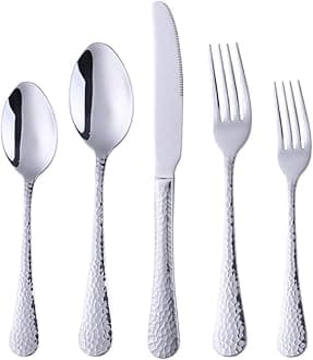 Silverware Set, 20 Piece Premium 18/8 Stainless Steel Hammered Kitchen Utensil Flatware Cutlery Sets of 4, Mirror Polish, Dishwasher Safe