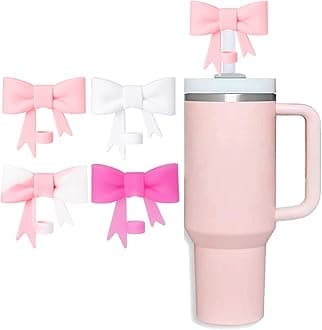 Pink Bow Straw Cover Topper for Stanley Cup,Silicone Beige Straws Toppers for Tumbler with Handle 40oz,Cute 10mm/0.4in Covers Cap,Reusable Lids for Stanleys Cups Accessories, 4Pcs