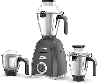 Havells Power Hunk 800 watt Mixer Grinder with 3 Wider mouth Stainless Steel Jar, Hands Free operation, SS-304 Grade Blade & 7 year motor warranty (Grey) (GHFMGDPE080-cr)