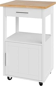 SUNLEI Rolling Kitchen Island with Single Door Cabinet, Kitchen Cart on Swivel Wheels, Coffee Cart Microwave Stand for Dining Room, White