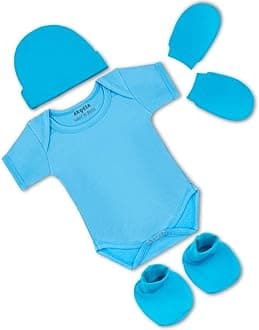 ARVESA New Born Baby Clothes Set 0-3 months Pack of 4 Rompers Upto 12 Months Baby Dress for Born 0-3 Months with Rompers, Caps Mittens and Booties For New Born Baby