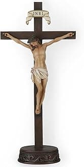 BC Catholic Crucifix Standing Cross, Jesus Christ tabletop Home Decor, Religious Gift, Wood Carve Looking, Realistic Finish, 10.9" H Hand Painted by Buildclassic
