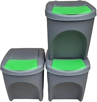 Large Stackable Recycling Bins Set of 3x25L (Brand KrysGo) - Customizable Lids with Recycling Stickers - Waste Sorting for Home, Kitchen, Office (Grey + Green)