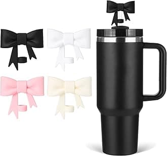 Black Bow Straw Cover Topper for Stanley Cup,Silicone Beige Straws Toppers for Tumbler with Handle 40oz,Cute 10mm/0.4in Covers Cap,Reusable Lids for Stanley Cups Accessories, 4Pcs