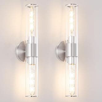 Brushed Nickel Bathroom Sconces Set of 2, Modern Wall Sconce Lighting with Clear Glass, Harded Wired Wall Sconces Set of Two, Wall Light Fixtures over Mirror, Sconces Wall Lighting for Laundry, Porch