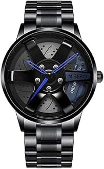 Watches for Men, Men's Sports Watch, 3D Hollow Car Wheel Stainless Steel Quartz Watch Waterproof Mens Watches