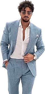 Wangyue Men's 2-Piece Linen Suit Casual Slim Fit Vintage Suits Groomsmen Tuxedos Wedding Summer Beach Blazer Pants Set