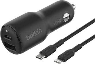 Belkin BoostCharge Dual Car Charger 42W w/Fast Charge USB-C 30W PPS & 12W USB-A Ports + USB-C to Lightning Cable for Apple iPhone 16, Plus, Pro, Pro Max, iPhone 15, Samsung Galaxy S24, & More - Black