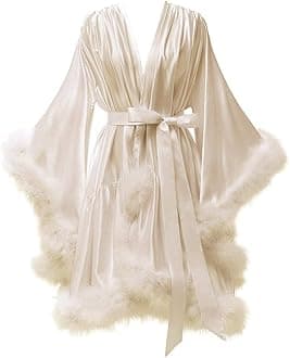 Changuan Women's Feather Robe Silk Satin Fur Bridal Robe Short Dressing Gown Bathrobe Lingerie Nightgown Sleepwear