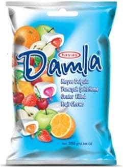 Damla Soft Chewy Candy Center-filled Fruit Chews, Orange, Strawberry, Sour Cherry, Apple, Peach, Raspberry Family Size 350 Grams, 12.34 Ounces