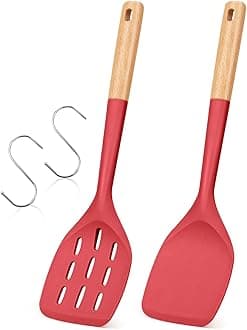 Pack of 2 Silicone Spatula, Non Stick Cooking Utensil Set Wooden Handle Kitchen Turner for Baking Mixing Grilling Serving Food Heat Resistant Non Scratch Hooks Included (Red)