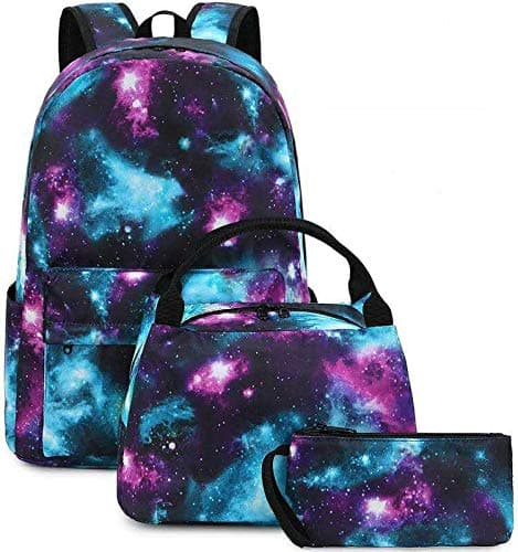 Waterproof Galaxy Canvas Backpack Set Fits 14" Laptop Backpack Daypack College School Bookbag with Lunch Box and Pencil Case