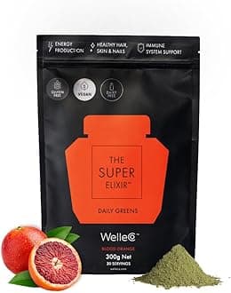 WelleCo The Super Elixir Daily Greens Powder, Probiotic Drink Mix with Whole Foods, Gluten Free, Vegan Gut Health Powder, Energy, Immunity, Healthy Skin, Hair & Nails (300g, Blood Orange)