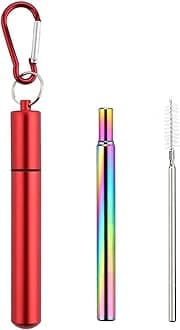 Foweroty 1 Pack Collapsible Stainless Steel Drinking Straws, Reusable Straws, Travel Retractable Straws with Aluminum Case, Cleaning Brush, and Keychains(Red)