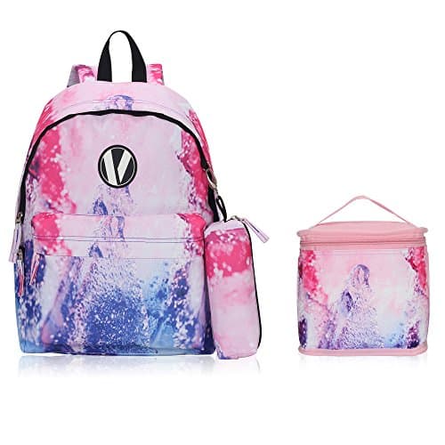 Veegul Cute School Backpack Small Printed Backpack 3 Pc Set Lunch Bag Pencil Case for Kids Pink