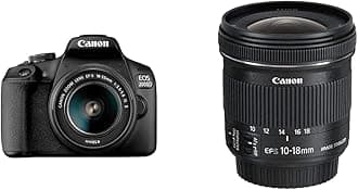 EOS 2000D DSLR Camera and EF-S 18-55 mm f/3.5-5.6 IS II Lens, Black + Canon EF-S10-18mm f/4.5-5.6 IS STM Lens, Black