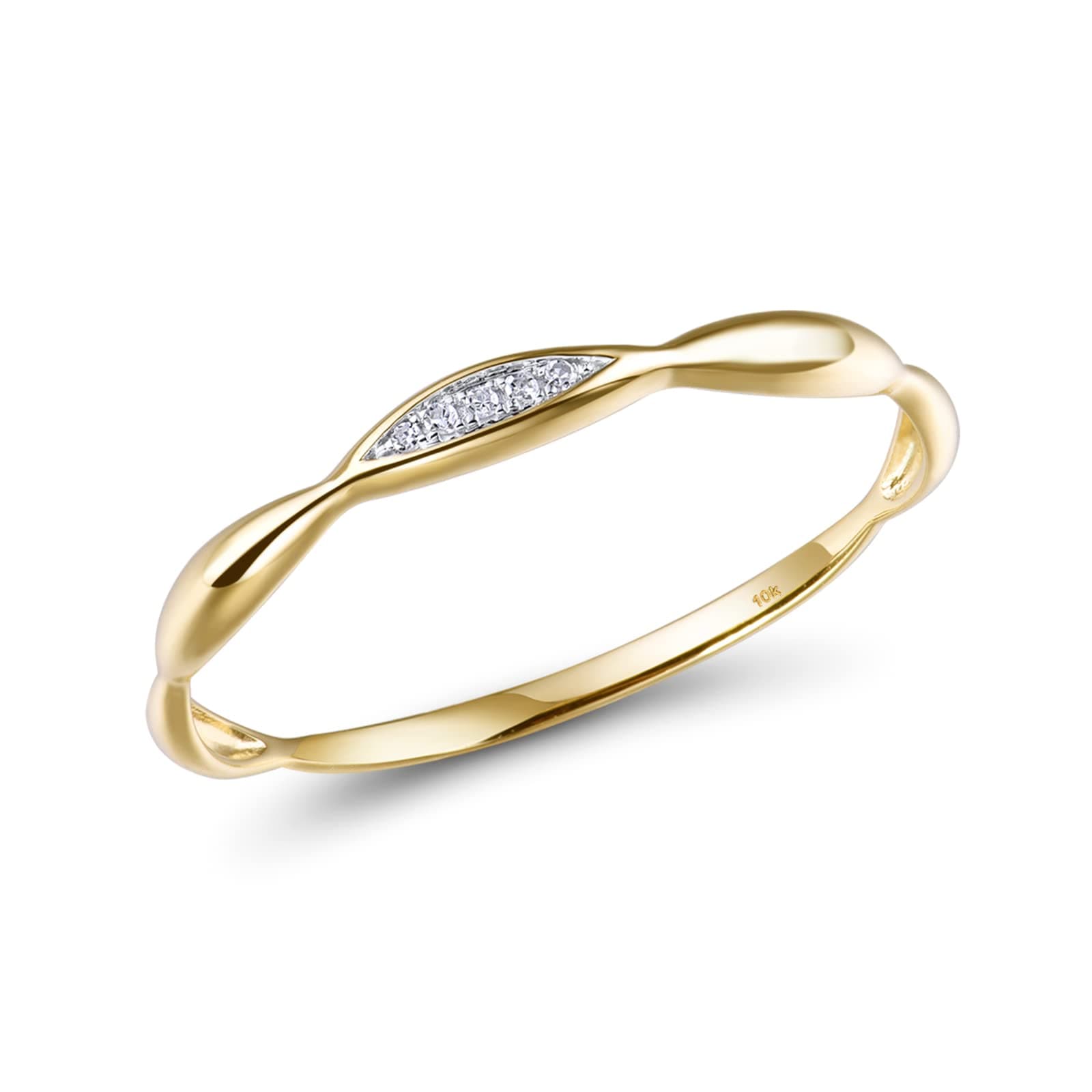 10K Solid Gold Genuine Diamond Dainty Twisted Stacking Ring for Women