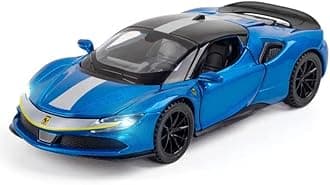 1:32 Diecast Ferrari SF90 Alloy Metal Pull Back Die-Cast Car Scale Model Pullback with Sound Light Mini Auto Toy car for Kids Best Gifts Toys for Kids Boys_Blue