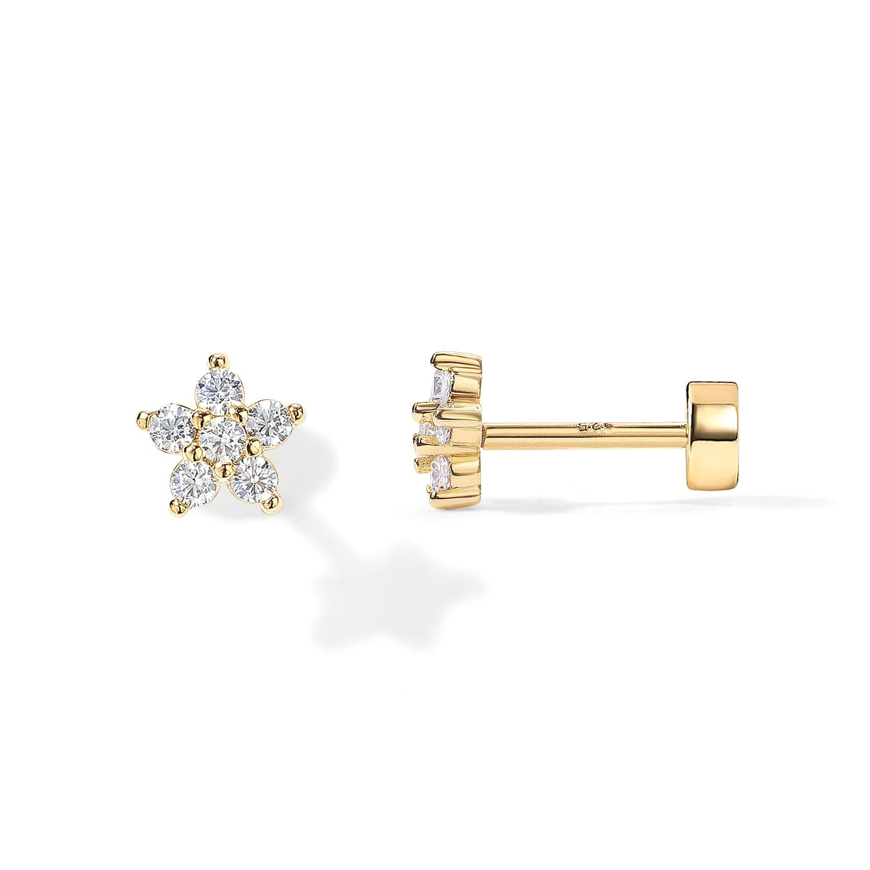 14K Gold Plated Solid 925 Sterling Silver Post Flat Back Stud Earrings for Women | Cartilage Helix Piercing | Cubic Zirconia Earrings