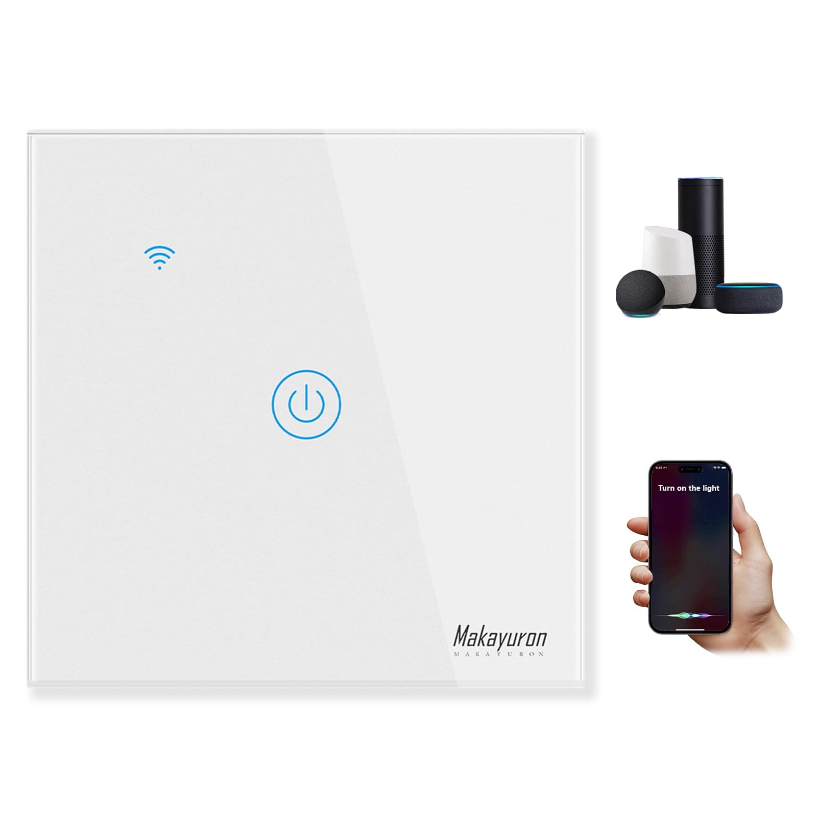Makayuron WiFi Smart Wall Light Switch,Touch Switches, No Neutral Wire Required, Compatible with Alexa, APP Remote Control Touch Switch, Voice Control, No Hub Required (White 1 Gang）