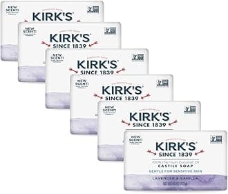 Kirk's Castile Bar Soap for Men, Women & Children - Made with Premium Coconut Oil, Sensitive Skin Formula, Vegan, Non GMO, Lavender & Vanilla, 4 oz. Bars 6 Pack