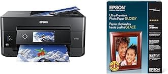 Expression Premium XP-7100 Wireless Color Photo Printer with ADF, Scanner and Copier, Black, Small & Ultra Premium Photo Paper Glossy (8.5x11 Inches, 50 Sheets) (S042175),White