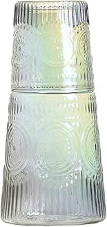 Retro Sunflower Relief Glass Bedside Night Water Carafe with Tumbler Glass, Pitcher and Cup Set - Amber