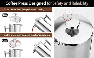 Miuly French Press 34oz, Double Insulated 304 Stainless Steel Coffee Press,Stainless Steel Coffee Maker (34oz, Sliver)