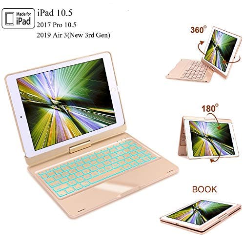iPad 10.5 Keyboard Case for iPad Pro 10.5 2017, New iPad Air 3rd Gen 2019，360° Rotatable, 7 Color Backlits Wireless Bluetooth Keyboard， Auto Sleep/Wake, iPad Keyboard with Case 10.5 Inch, Gold