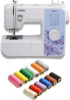 Brother XM2701 27 Built-in Stitches 63 Stitch Functions Automatic Needle Threader LED Sewing Machine Bundle with 12 Color Sewing Thread Kit (13 Items)