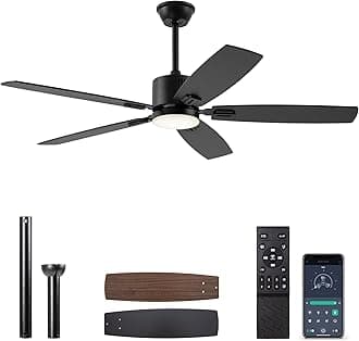 52" Ceiling Fans with Lights, Smart Ceiling Fan with APP and Remote Control, Reversible DC Motor, Noiseless, Stepless Dimmable, Modern Ceiling Fan for Indoor/Outdoor Use, Black