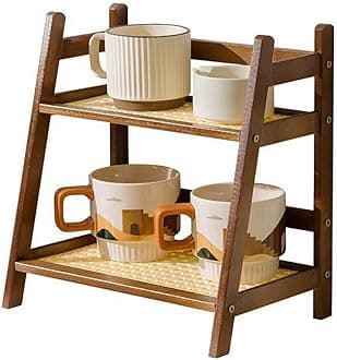 CHEXIY Kitchen Table Spice Rack, Household 2 Tier Mug Storage, Cabinet Coffee Cup, Mug Asphalt Shelf, Simple Bamboo Flower Holder Bookshelf (Brown, S)