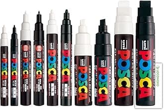 三菱鉛筆 Posca Paint Marker Mixed Size Black&White Marker Pack (Set of 10) , Mitsubishi Uni Poster Color Marking Pen PC-1M, PC-3M, PC-5M, PC-8K, PC-17K + Loconeko Memo pad Set