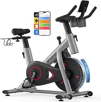 MERACH Exercise Bike, Brake Pad/Magnetic Stationary Wheel with Exclusive App, Low Noise Indoor Bike Wheel with 136KG Weight Capacity, Dumbbell Rack and Fitness Classes for Weight Loss