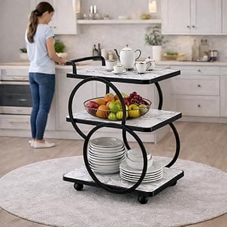 End Table Bar Trolley 3-Tier Metal Serving Trolley with Gold Elegant Home and Restaurant Mobile Cart for Effortless Food Serving Coffee Table for Living Room & Bedroom Decor (Black White)