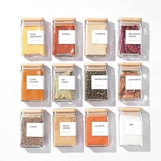 Glass Spice Jars with Labels, 4oz Glass Jars with Bamboo Lids, Square Spice Jars with Labels, Empty Spice Bottles for Seasoning Organizer, Spice Drawer Organizer, 12 Pack (White)