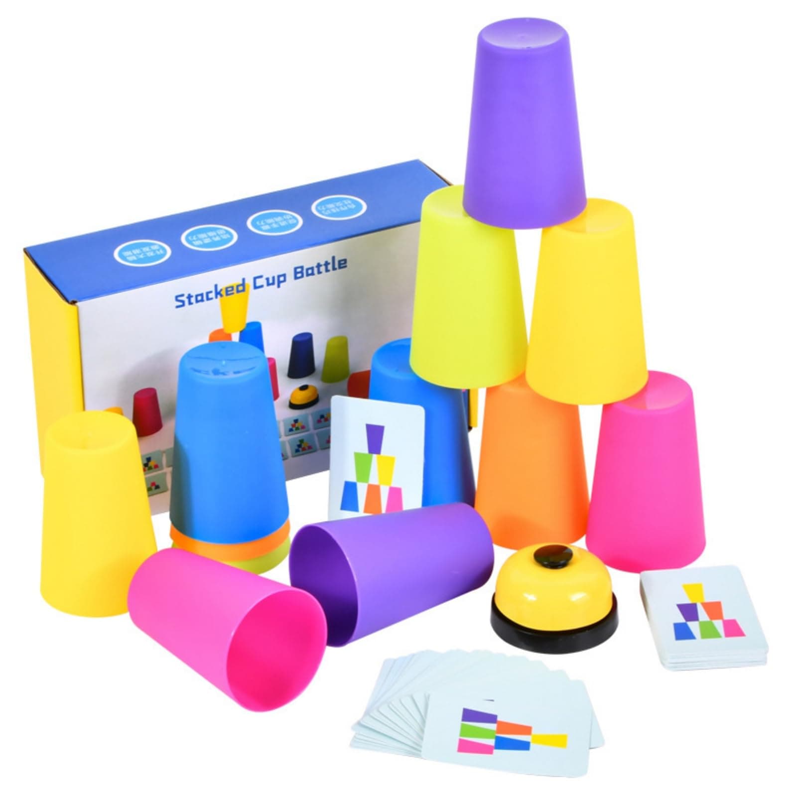 AM ANNA Stacking Cups Game with 50 Challenges Cards and Timer, 12 Plastic Cups, Quick Cups Games for Kids Classic Family Game, Speed Stacking Cups Idea for Boys and Girls